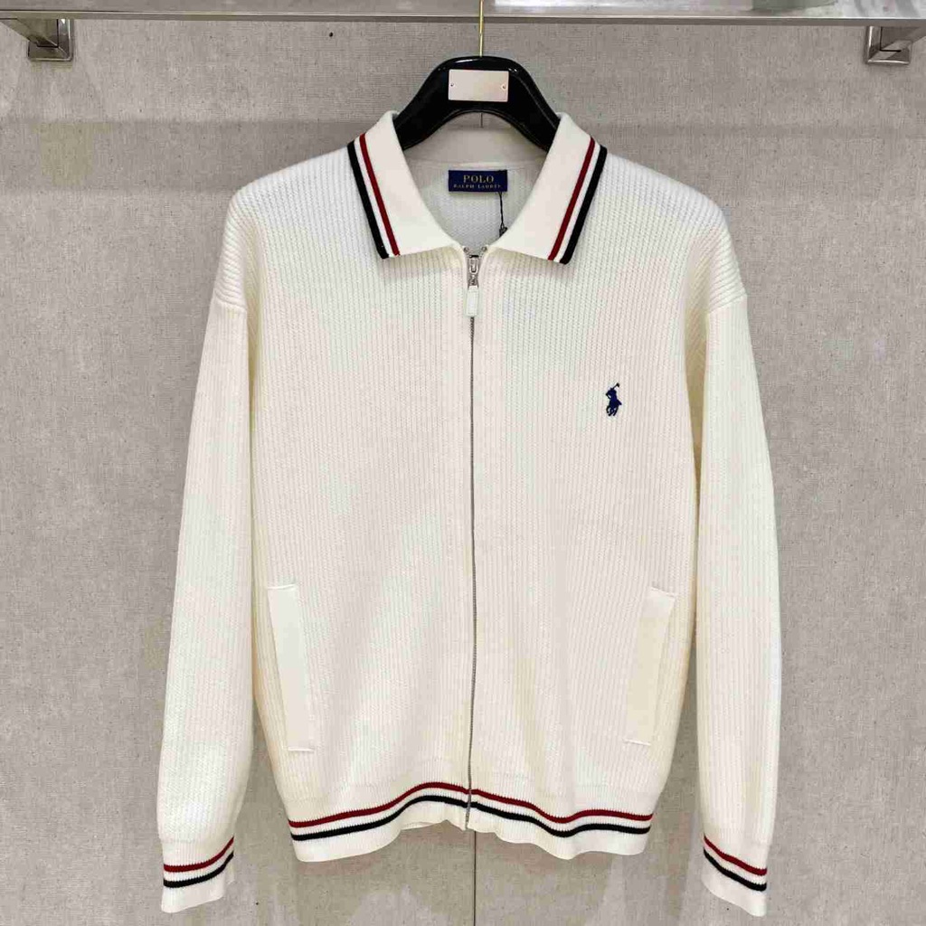 Polo Ralph Lauren Cream Zip-Up Sweater With Navy Logo